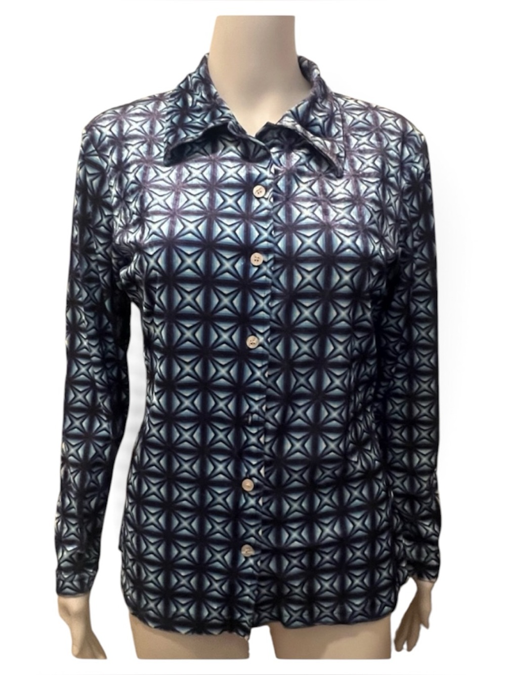 Vintage Uncivilized Geometric Blue and White Buttton Down Shirt Retro LG